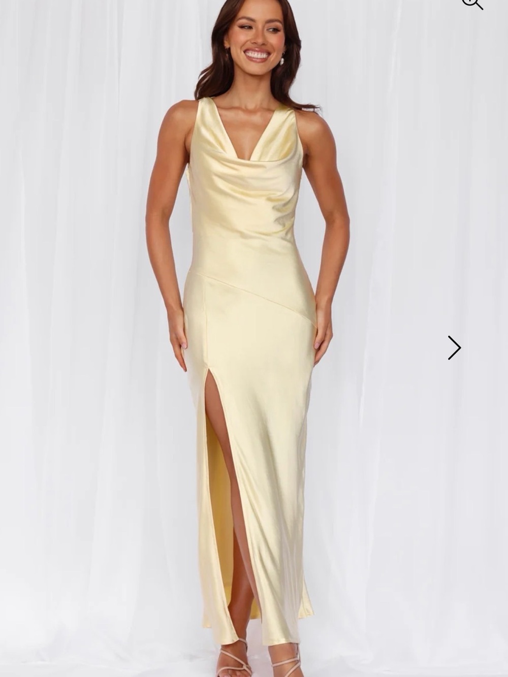 Formal cowl neck satin maxi yellow dress